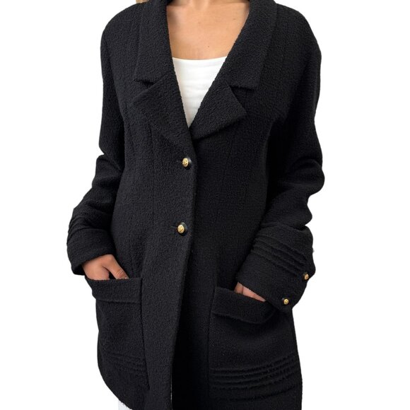 CHANEL Vintage CC Mark Logo Gold Button Coat Jacket # Black Wool Silk [106396] - Picture 1 of 11